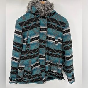 Outback Trading Co women’s Myra Aztec print faux fur lined hooded jacket sz L